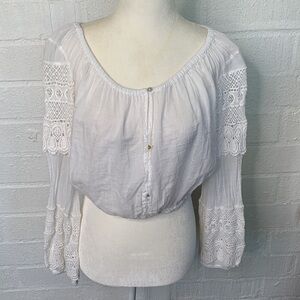 LoveShackFancy Crochet Ballon Sleeve Bohemian White Cotton Crop Top size XS